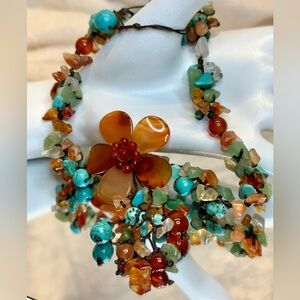 Orange Agate & Carnelian Y MultiGemstone Necklace with Floral Pendant 39 gr. 21”
